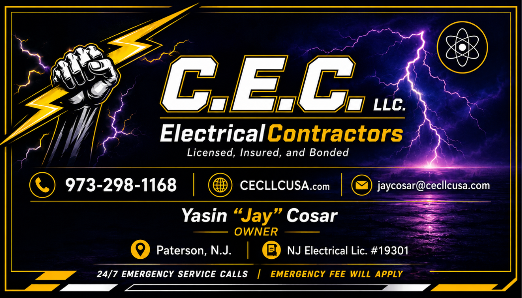 C.E.C. LLC electrical contractor business card featuring the company's yellow lightning bolt and purple electrical storm branding